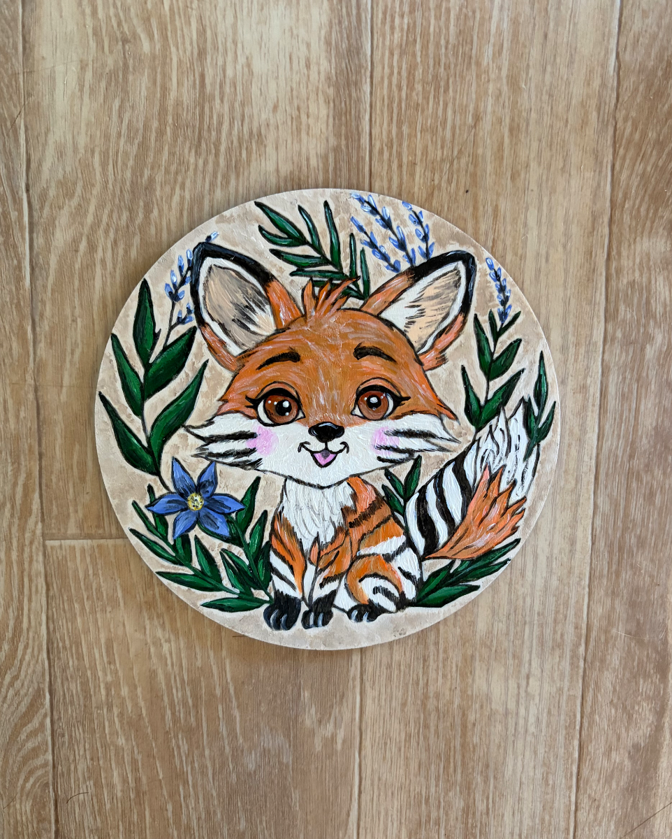 Décoration en bois peinte à la main – Petit renard 🦊🌿